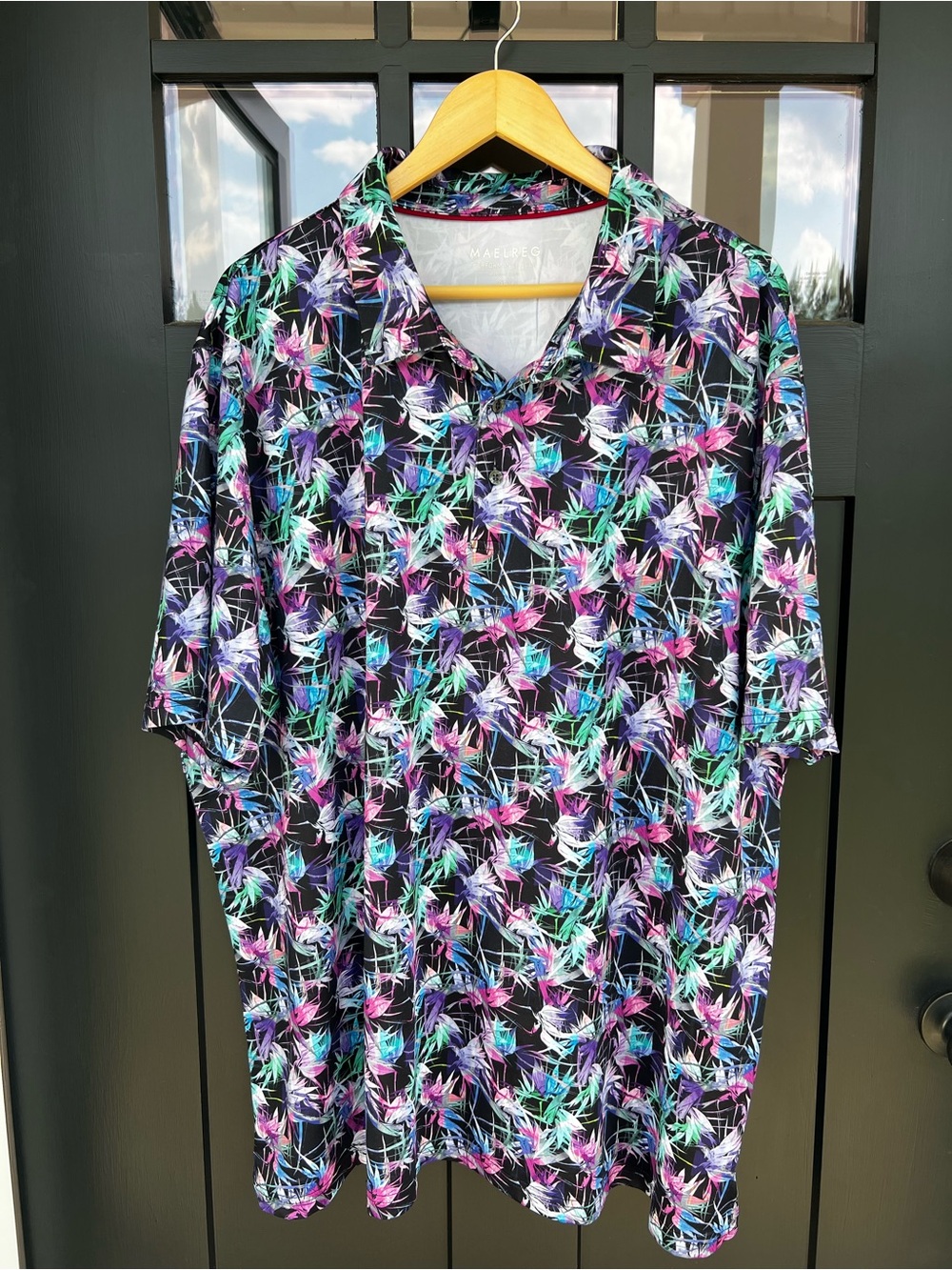 Maelreg Mens Black Tropical Floral Print Polo size 3XL